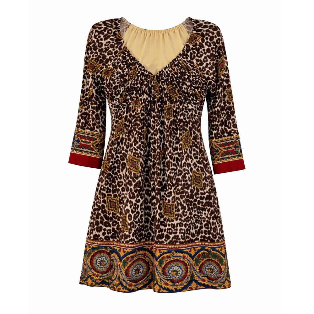 Boston Proper Muse Leopard Paisley Dress V-Neck 3/4 Sleeve Boho Jersey - Size 6